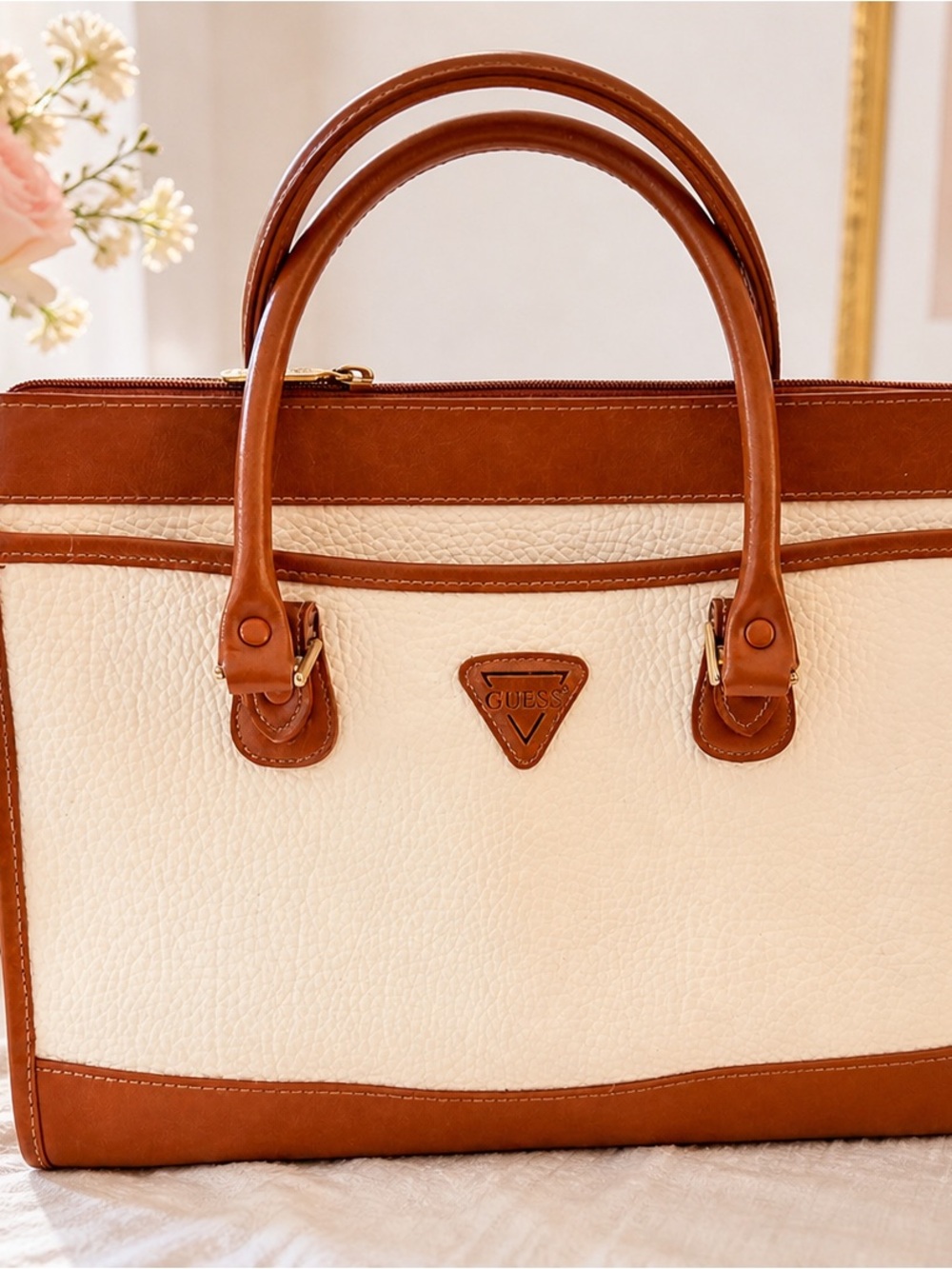 GUESS Cream & Brown Tote Bag Large Faux Leather Satchel Shoulder Bag